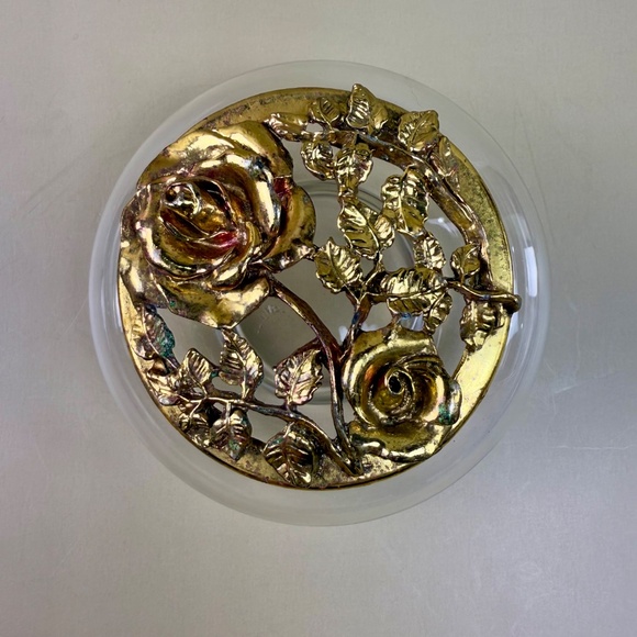 Vintage Glass Trinket Dish with Ornate Brass Rose Lid | Hollywood Regency Style - Picture 6 of 13